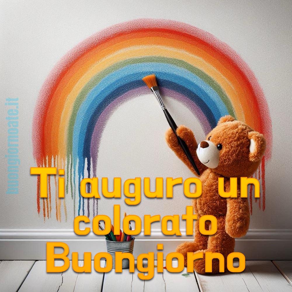 Gli auguri di buona giornata da un orsacchiotto che dipinge un arcobaleno